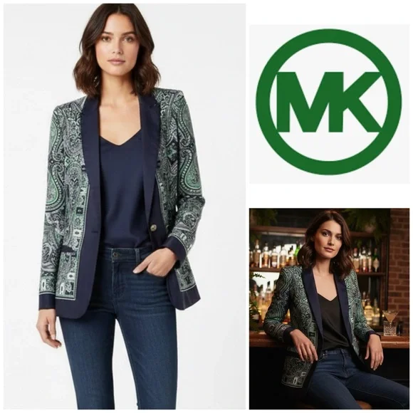 MICHAEL Michael Kors Green Paisley Blazer with Navy Trim - Picture 1 of 10